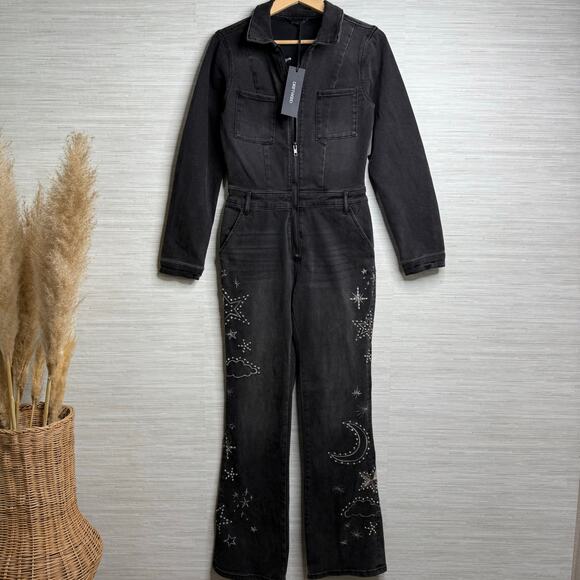 Free People x Driftwood jumpsuit denim one piece onesie embroidered Large - Picture 4 of 10